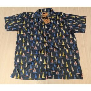 InGear men's L Large button shirt short sleeve sail boats blue pink yellow READ